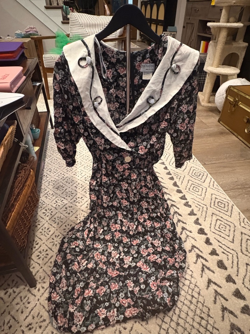 Black Floral Long Sleeve Dress with White Sailor Collar